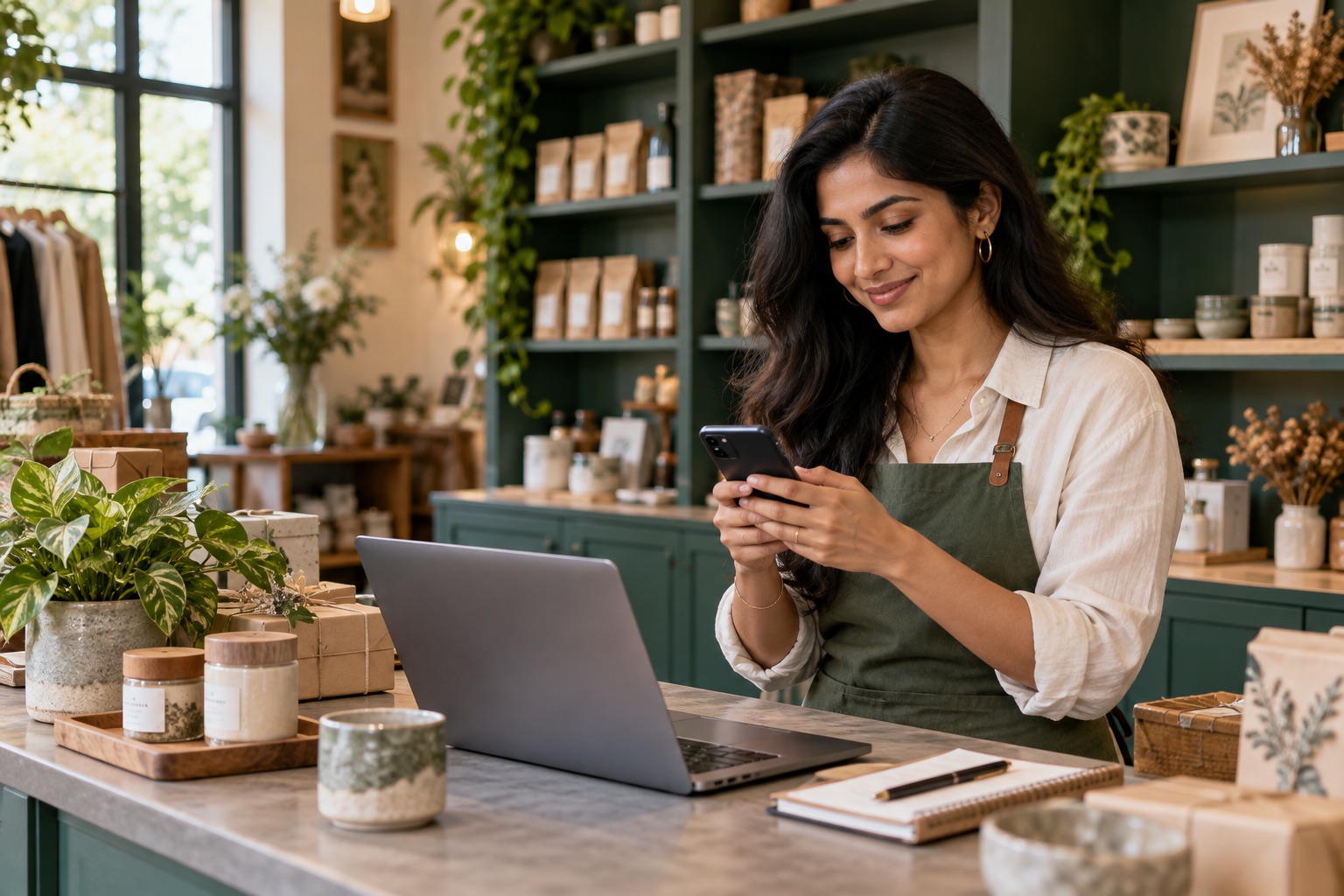 Illustration of a small business owner using her phone at a shop counter