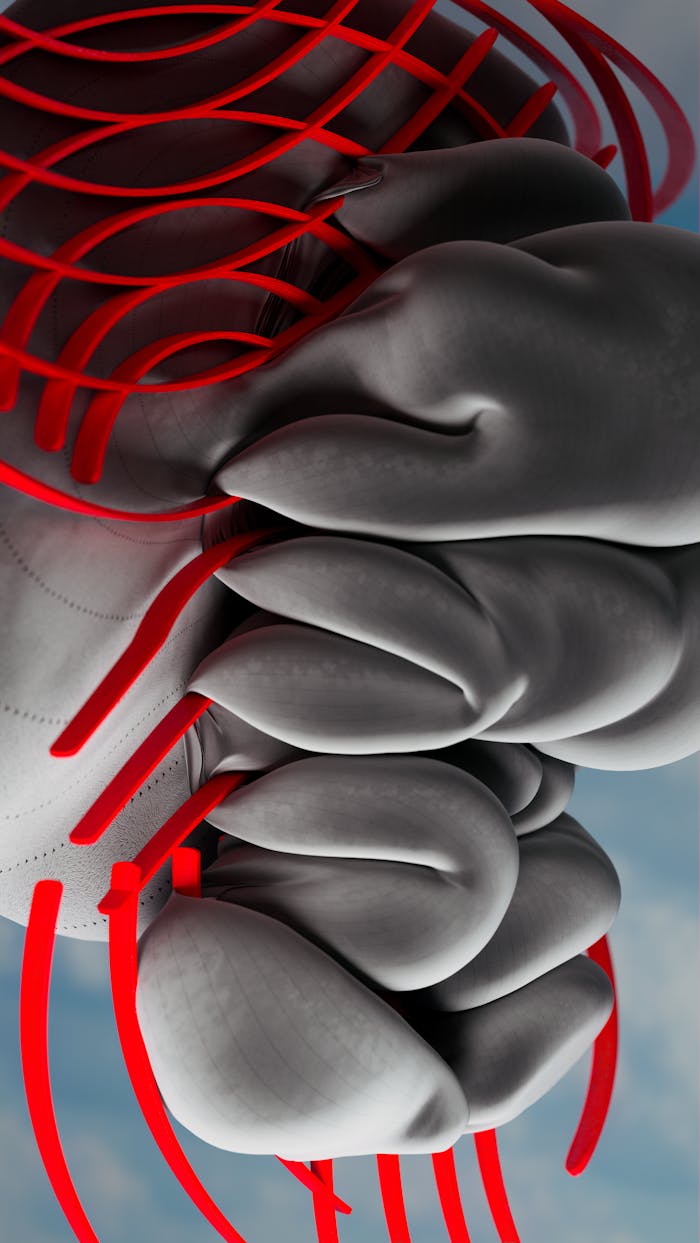 A striking abstract image depicting AI neural network concepts with bold red lines and soft gray forms.